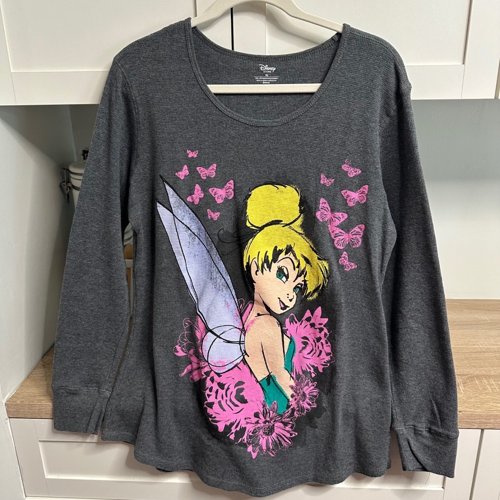 Disney Store Tinker Bell Graphic Thermal Top Women XL Gray Butterfly Waffle Knit
